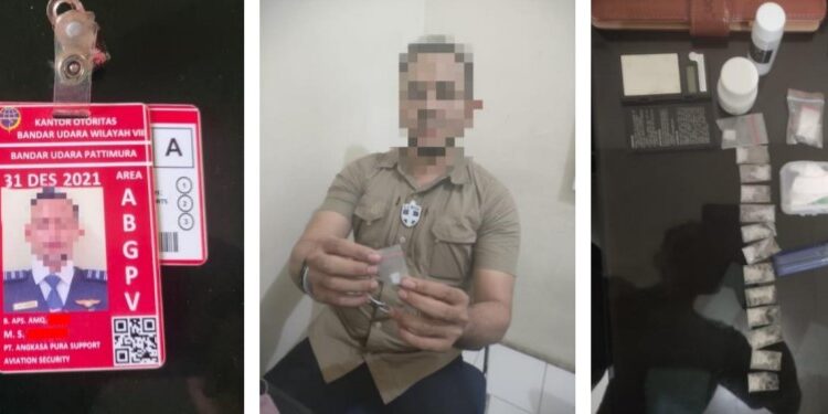 MST, pegawai Avsec PT. Angkasa Pura 1 Ambon, diringkus aparat Ditresnarkoba Polda Maluku bersama 13 paket narkotika jenis sabu-sabu. (Foto: Istimewa)