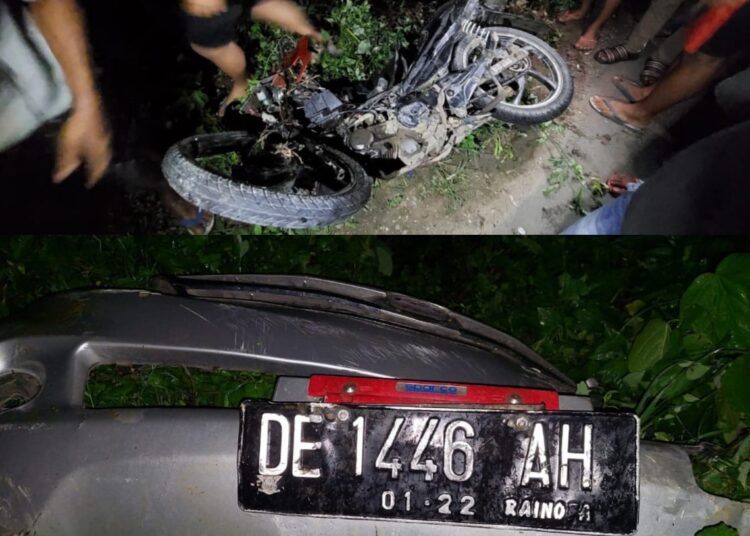 Barang bukti sepeda motor dan mobil avanza yang terlibat kecelakaan maut di Jalan Pabowo, Desa Bula, Kecamatan Bula, Kabupaten Seram Bagian Timur, Selasa malam (8/3/2022). (Foto: Humas Polres SBT)