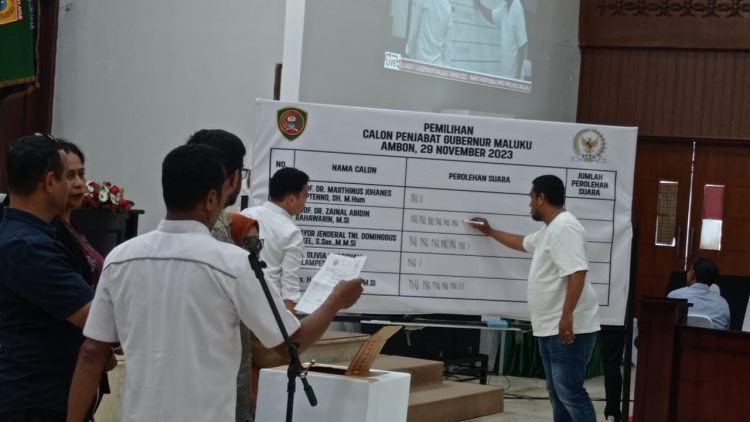 DPRD Maluku melakukan voting tiga nama calon penjabat  Gubernur Maluku dalam rapat paripurna DPRD Provinsi Maluku, Rabu (29/11/2023). FOTO : ISTIMEWA