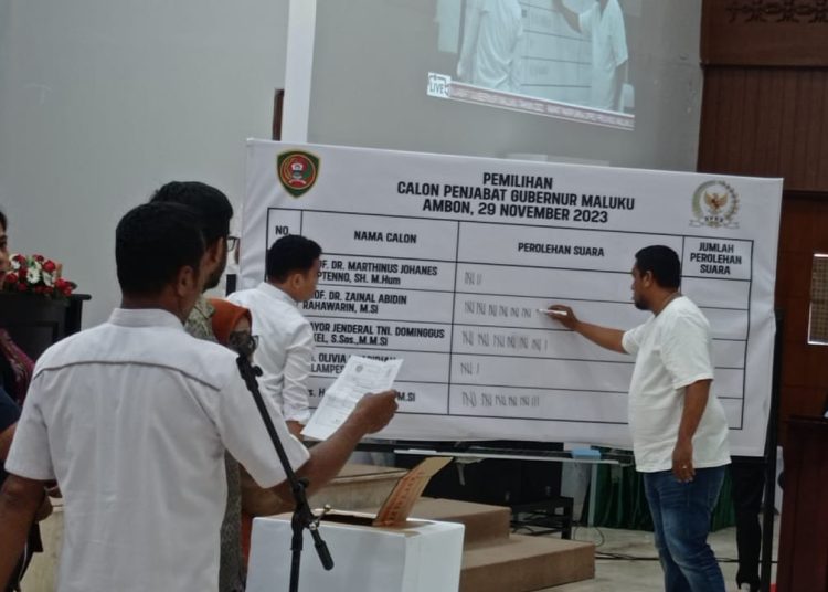 DPRD Maluku melakukan voting tiga nama calon penjabat  Gubernur Maluku dalam rapat paripurna DPRD Provinsi Maluku, Rabu (29/11/2023). FOTO : ISTIMEWA