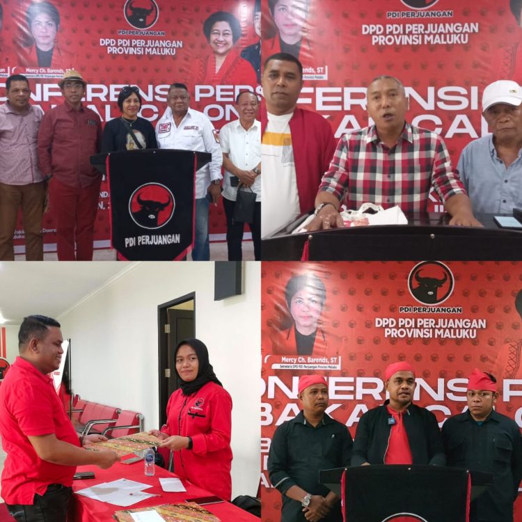 Pengambilan formulir pendaftaran bakal calon gubernur-wakil gubernur di DPD PDIP, Kota Ambon, Selasa (17/4/2024). Foto dari kiri atas: Tim Jeffry Apoly Rahawarin,  Febry Calvin Tetelepta, Abdullah Vanath, dan Said Latuconsina. (Foto: Ambonkita.com)