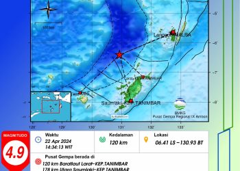 Gempa Berkekuatan 5,0 SR Guncang Molu Maru Tanimbar